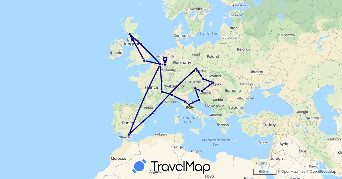 TravelMap itinerary: driving in Austria, Belgium, Czech Republic, Spain, France, United Kingdom, Croatia, Hungary, Italy, Netherlands, Slovenia (Europe)